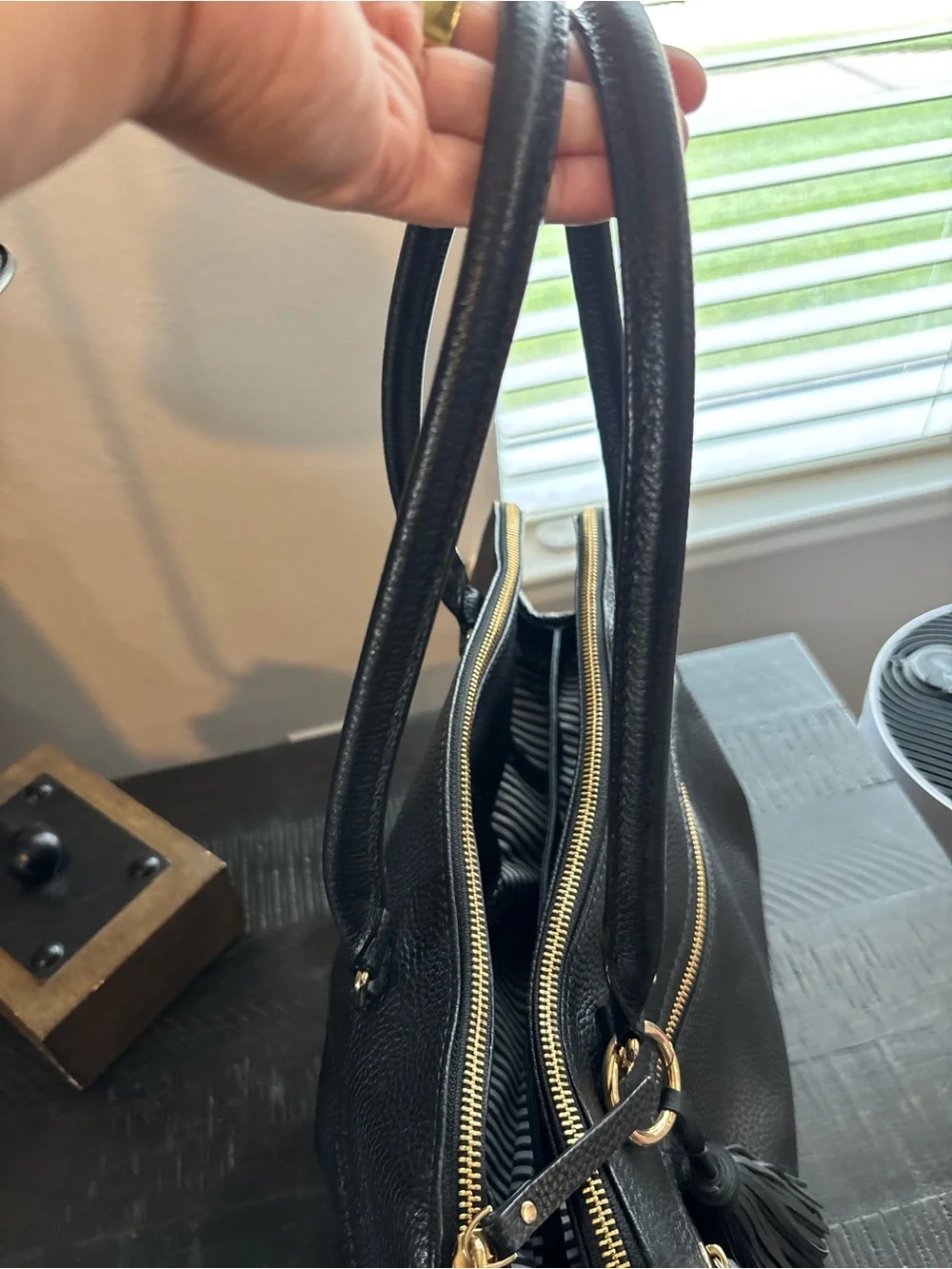 kate spade Black Pebbled Leather Tote with Tassel and Gold Hardware
